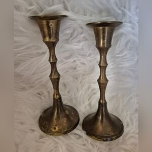 Gold Brass Unique Design Candlestick Holders Vintage 6.5 in Tall Each